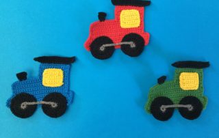 Finished crochet train engine group landscape