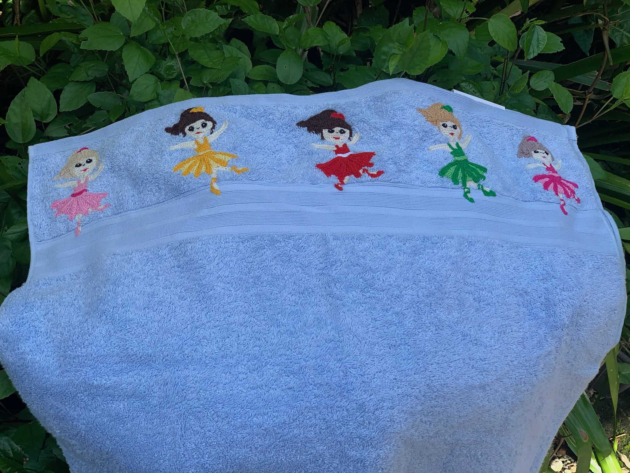 Finished crochet ballerina towel landscape