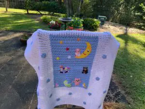 Finished picture panel baby blanket with panel moon landscape outside