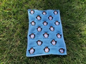 Finished crochet penguin baby blanket tutorial landscape grass