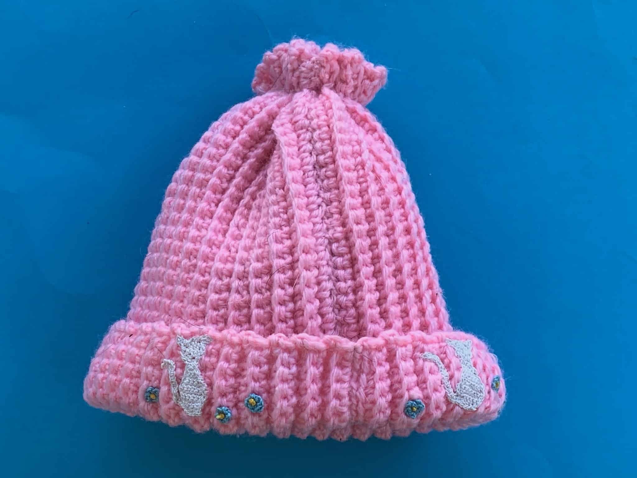 Finished crochet beanie cats landscape