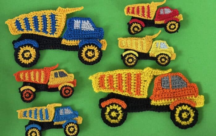 Finished crochet dump truck 2 ply group landscape
